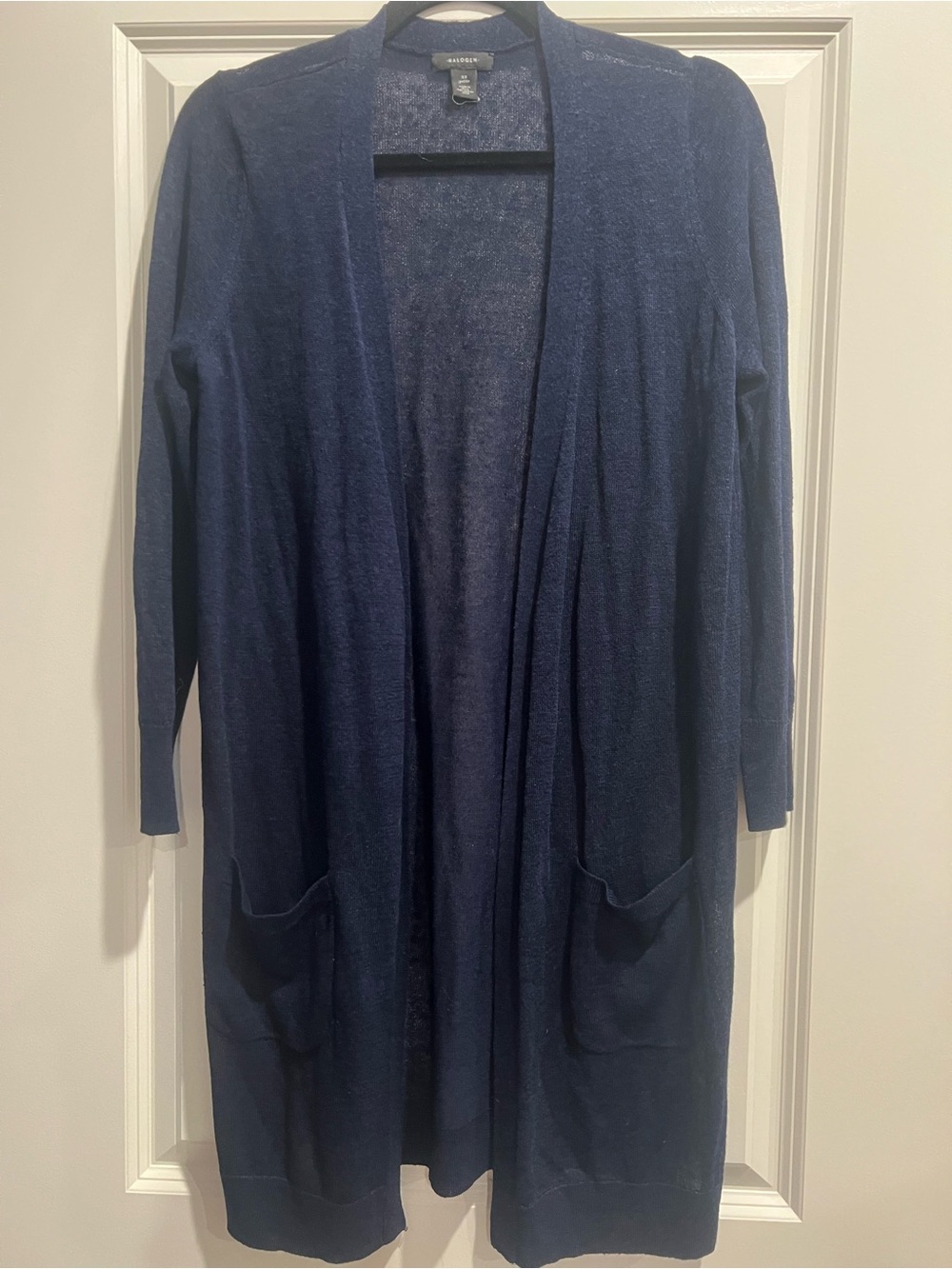 Halogen Navy Open-Front Long Cardigan in Linen Mix Knit